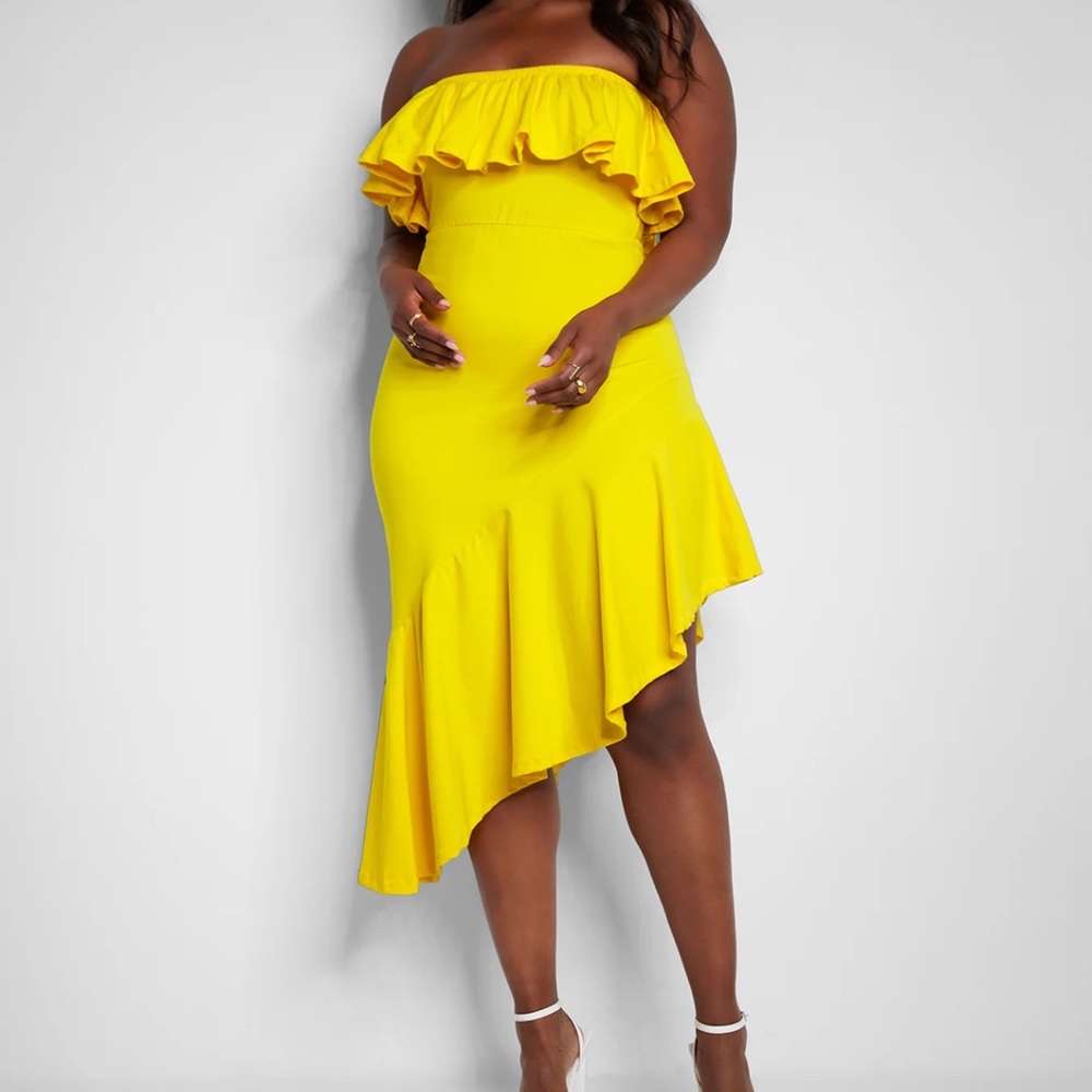 RAY OF SUNSHINE RUFFLED SLEEVELESS DRESS - YELLOW 1X